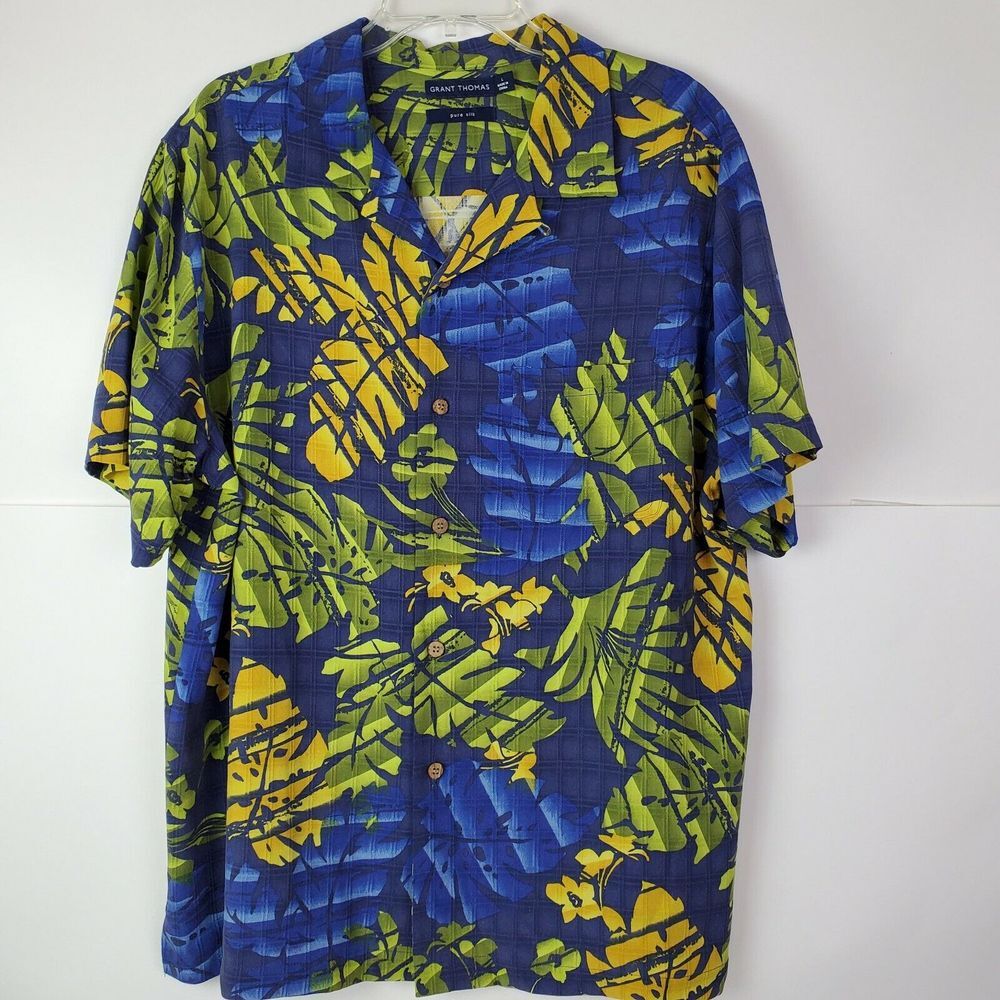 Grant Thomas Men's Hawaiian Shirt 100% Silk Floral Blue Size Large